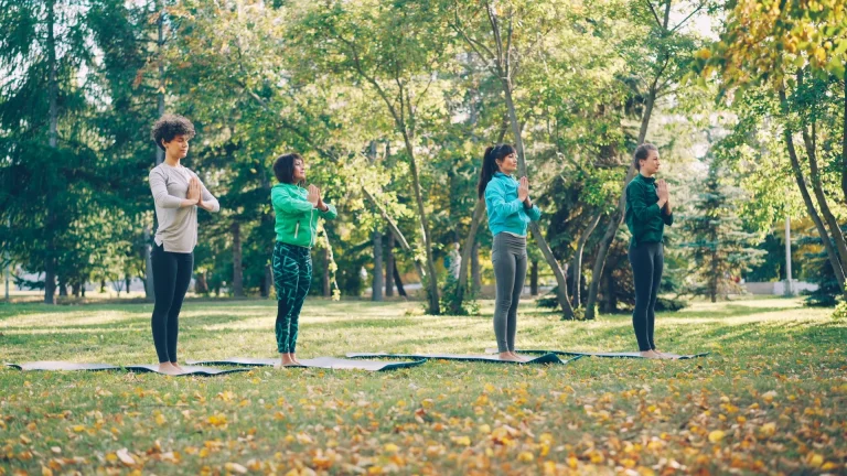 Four women stand in a row practicing yoga on mats in a leafy green park.