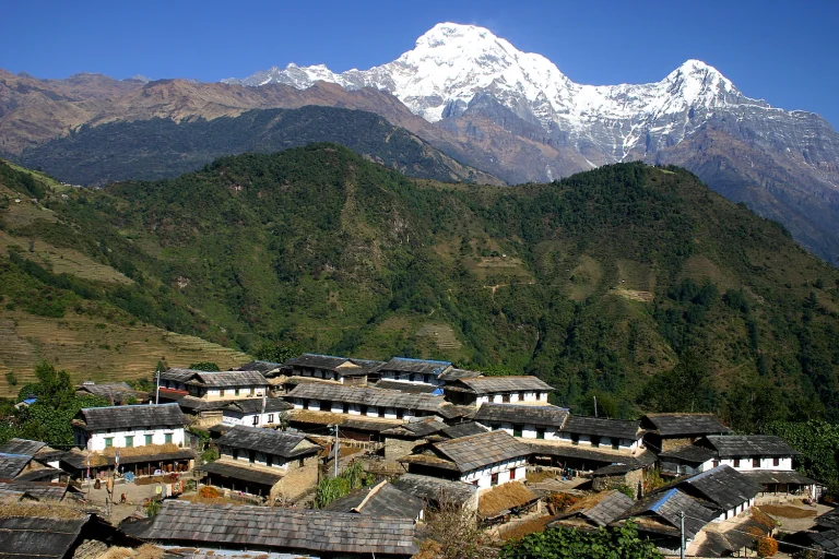 A traditional stone-roofed village sits nestled on green mountain terraces, with a massive snow-capped Himalayan peak towering in the background under a clear blue sky.