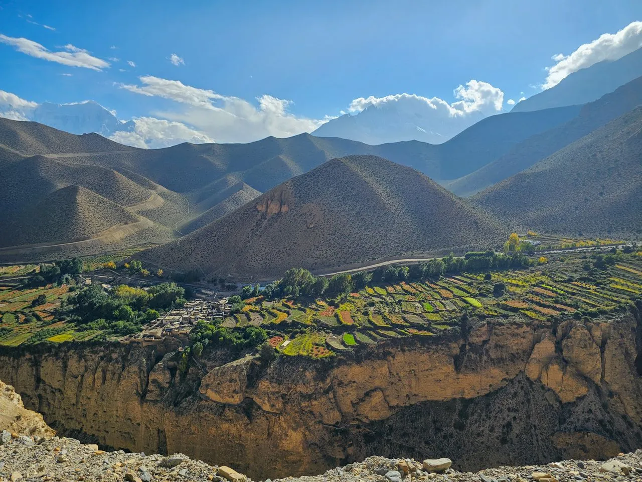 Stunning view of Mustang Valley's terraced green fields and arid rolling mountains in Nepal under a clear blue sky.