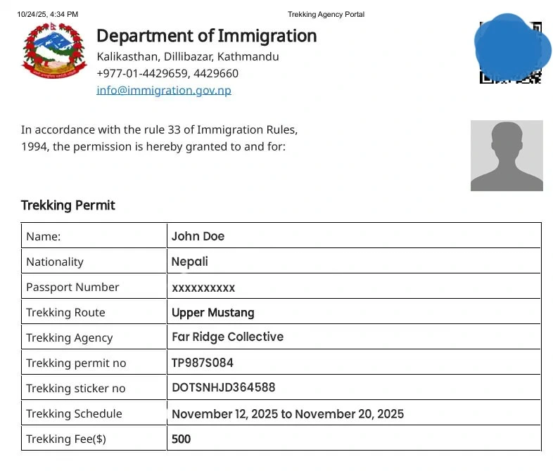 Official trekking permit document from the Nepal Department of Immigration for the Upper Mustang restricted area route.